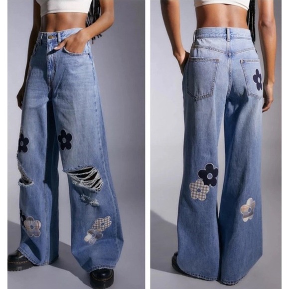 BDG Denim - BDG Urban Outfitters Wide Leg Jeans Rips Daisy Patches Skater Baggy 26